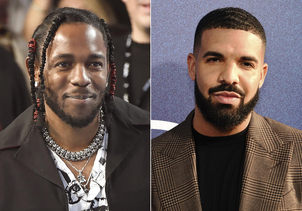 Rapper Kendrick Lamar appears at the MTV Video Music Awards in 2017, left, and Canadian rapper Drake  at the premiere of the series Euphoria in 2019. 
