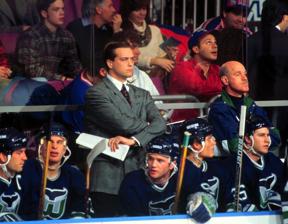 A very young Paul Maurice behind the bench of the Hartford Whalers. (Photo by Bruce Bennett Studios via Getty Images Studios/Getty Images)