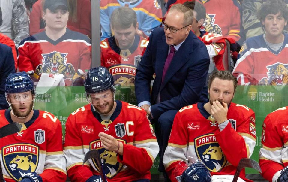 Florida Panthers head coach Paul Maurice (1) talks with Panthers center Aleksander Barkov (16) during the third period of Game 1 of the NHL Stanley Cup Final against the Edmonton Oilers at the Amerant Bank Arena on Saturday, June 8, 2024, in Sunrise, Fla.