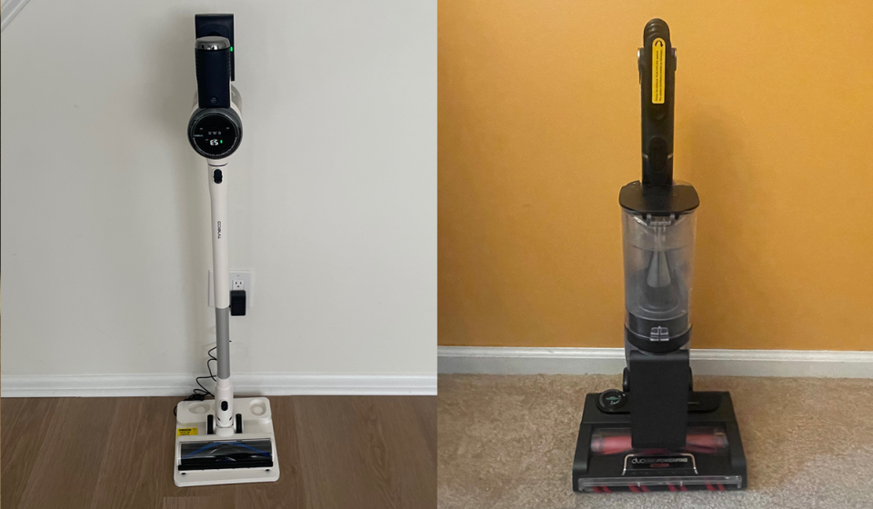 The Tineco Pure One S15 and Shark Stratos are shown freestanding for Yahoo Life's Best Cordless Stick Vacuum guide.