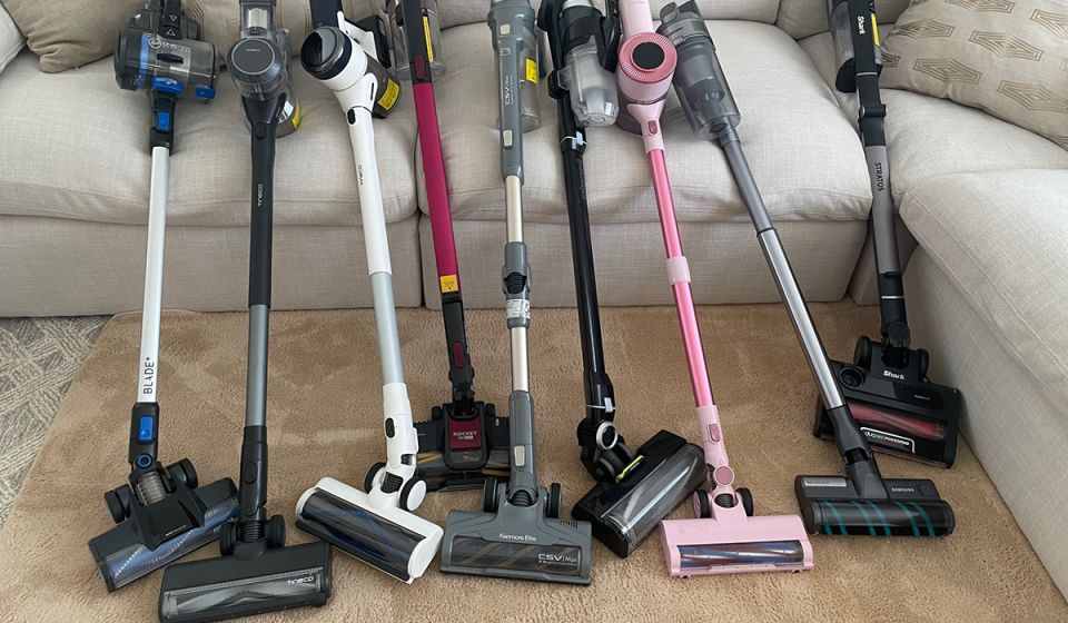 A lineup of cordless stick vacuums from Hoover, Tineco, Shark, Kenmore, Bissell, Homeika and Samsung for Yahoo Life's Best Cordless Stick Vacuum guide.