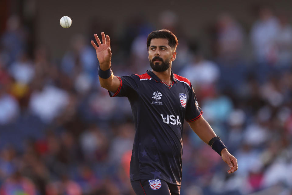 DALLAS, TEXAS - JUNE 01: Ali Khan of USA prepares to bowl during the ICC Men's T20 Cricket World Cup West Indies & USA 2024 match between USA  and Canada at  Grand Prairie Cricket Stadium on June 01, 2024 in Dallas, Texas. (Photo by Robert Cianflone/Getty Images)