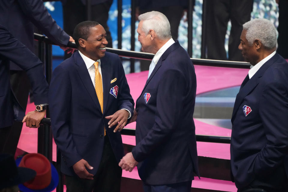 CLEVELAND, OHIO - FEBRUARY 20: (L-R) Isiah Thomas, Jerry West, and Oscar Robertson attend the 2022 NBA All-Star Game at Rocket Mortgage Fieldhouse on February 20, 2022 in Cleveland, Ohio. NOTE TO USER: User expressly acknowledges and agrees that, by downloading and or using this photograph, User is consenting to the terms and conditions of the Getty Images License Agreement.  (Photo by Kevin Mazur/Getty Images)