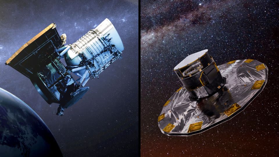 The authors of the May 6 study used data from the NASA Wide-field Infrared Survey Explorer, or WISE, telescope (left) and Gaia observatory to identify seven candidate stars that could have Dyson spheres. - NASA/JPL/ESA