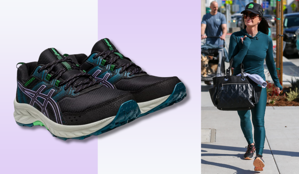 Asics Gel-Venture 9 running shoes in black and teal / Kyle Richards wearing the same style shoes along with other athletic wear while walking on the sidewalk