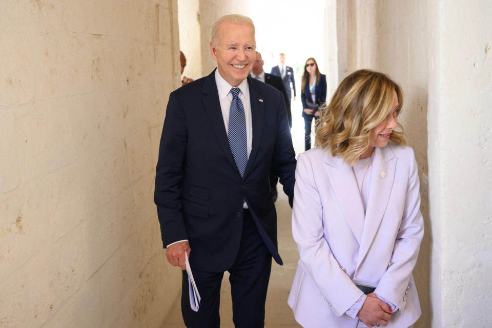 Italy's Prime Minister Giorgia Meloni and US President Joe Biden take part in a bilateral meeting on the sidelines of the G7 Summit at the Borgo Egnazia resort in Savelletri, Italy on June 14, 2024. (Photo by Mandel NGAN / AFP) (Photo by MANDEL NGAN/AFP via Getty Images)