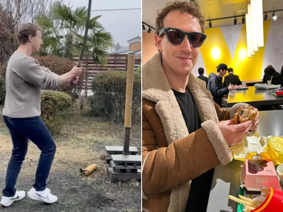 Mark Zuckerberg wielding a Katana (left) and enjoying a meal at McDonalds (right).