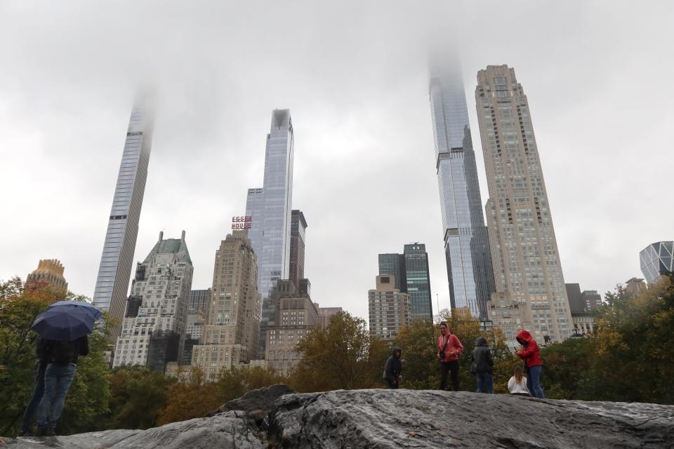 Manhattan skyscrapers in background in photo from Central Park