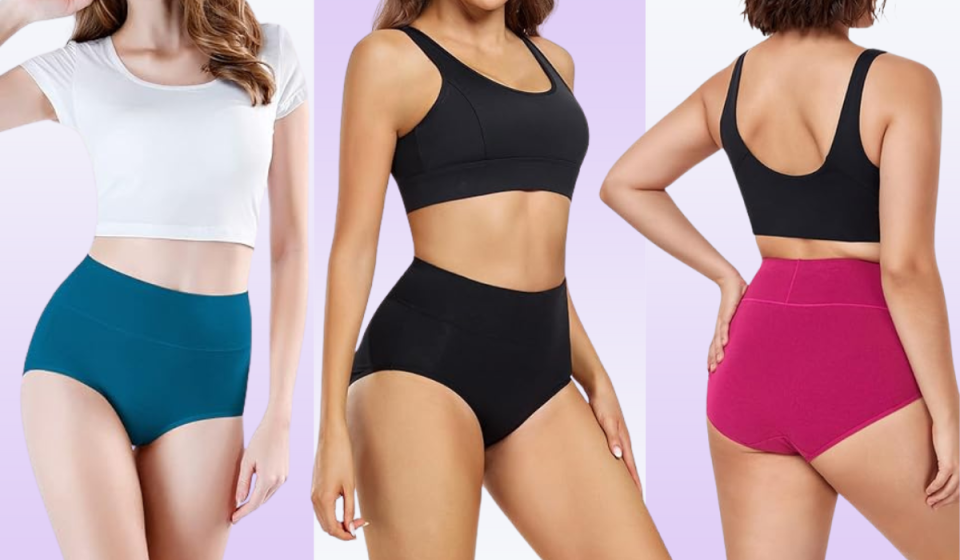 women wearing high waisted underwear in teal, black, and magenta