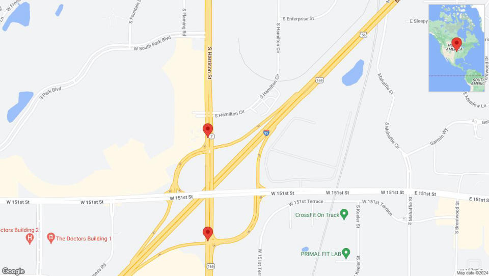 A detailed map that shows the affected road due to 'Olathe: K-7 temporarily closed' on June 17th at 7:13 p.m.