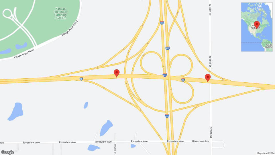 A detailed map that shows the affected road due to 'Lane on I-70 closed in Edwardsville' on June 17th at 11 p.m.