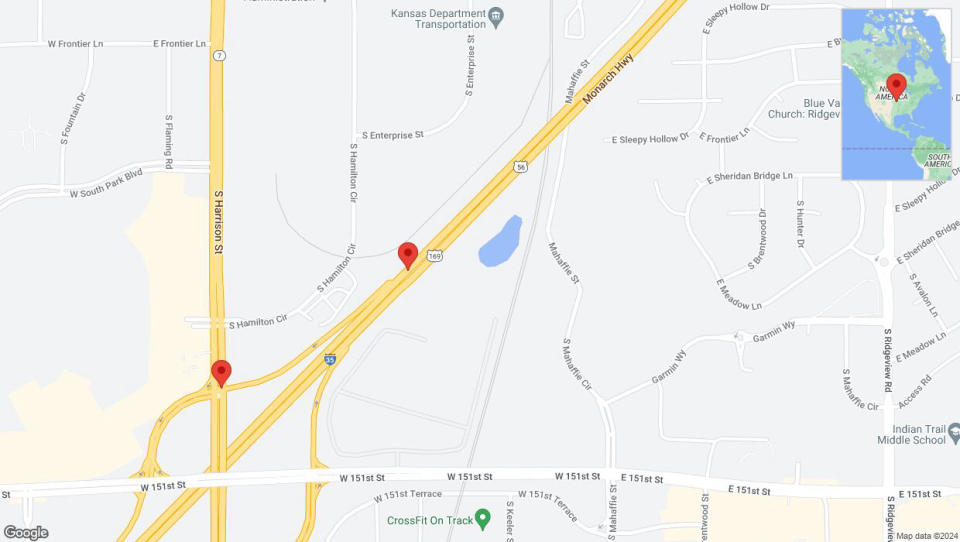 A detailed map that shows the affected road due to 'Olathe: US-169 South temporarily closed' on June 17th at 6:08 p.m.