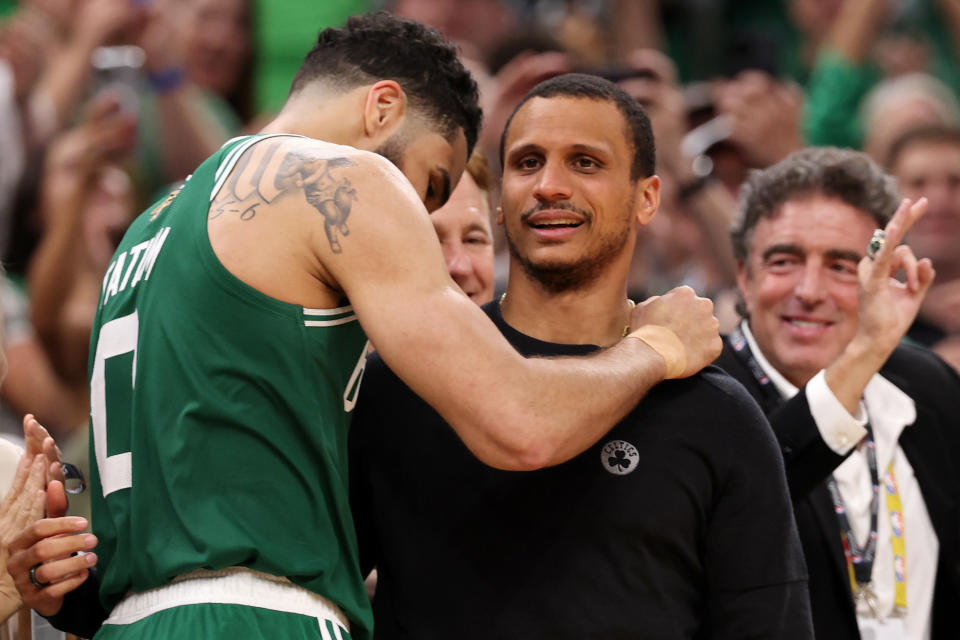 BOSTON, MASSACHUSETTS - JUNE 17: Jayson Tatum #0 of the Boston Celtics hugs head coach Joe Mazzulla of the Boston Celtics during the fourth quarter of Game Five of the 2024 NBA Finals against the Dallas Mavericks at TD Garden on June 17, 2024 in Boston, Massachusetts. NOTE TO USER: User expressly acknowledges and agrees that, by downloading and or using this photograph, User is consenting to the terms and conditions of the Getty Images License Agreement. (Photo by Elsa/Getty Images)