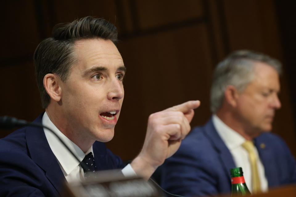 US Senator Josh Hawley (R-MO) speaks as Boeing President and CEO Dave Calhoun testifies during a Senate Homeland Security and Governmental Affairs Committee Investigations Subcommittee hearing to examine 