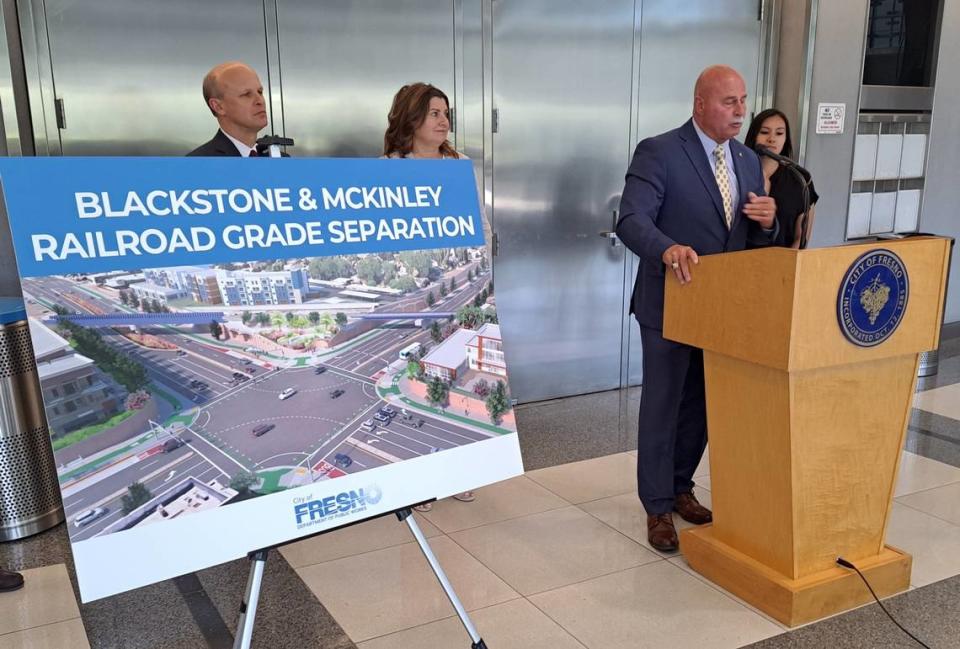 Fresno Mayor Jerry Dyer, second from right, announces that the city received an $80 million grant from the California State Transportation Agency to help pay for separating at-grade railroad crossings at Blackstone and McKinley avenues. Also at the July 6, 2023, announcement at Fresno City Hall were, from left, Public Works Director Scott Mozier, City Manager Georgeanne White, and City Council Vice President Annalisa Perea.