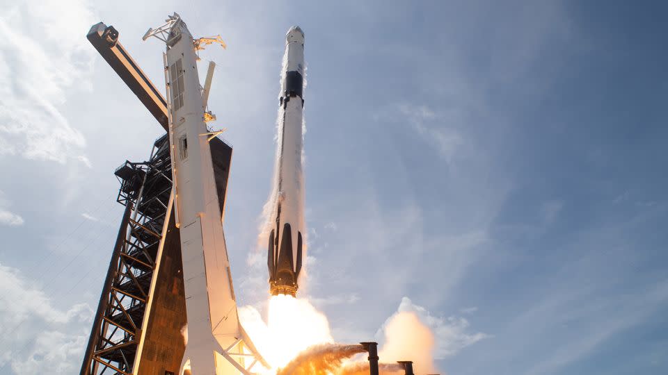 A SpaceX Falcon 9 rocket carrying the company's Crew Dragon spacecraft launched NASA astronauts Robert Behnken and Douglas Hurley to the International Space Station, marking the spacecraft's inaugural crewed flight, on May 30, 2020. - Joel Kowsky/NASA