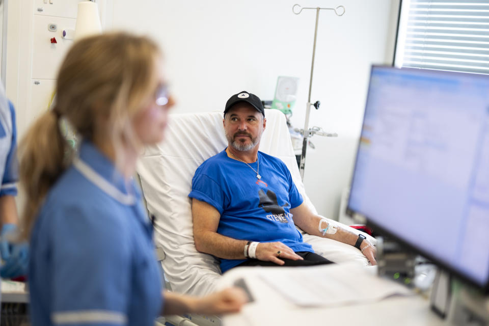 Steve Young having his first jab at the University College London Hospital (UCLH) in London, for an international clinical trial testing a novel cancer immunotherapy which may prevent skin cancer from recurring. The mRNA-based technology in this study is aimed at people who have already had high-risk melanomas removed. Picture date: Thursday April 11, 2024. (Photo by Jordan Pettitt/PA Images via Getty Images)