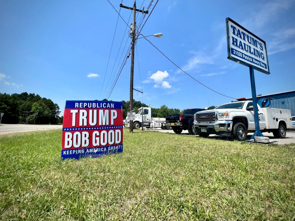 A campaign sign in support of former President Donald Trump and Rep. Bob Good stands outside of Tatum's Hauling in Amelia County. The sign has drawn criticism from supporter's of Good's primary opponent, Sen. John McGuire, as well as Trump, whose campaign issued a cease-and-desist to halt the use of his name by Good's campaign.