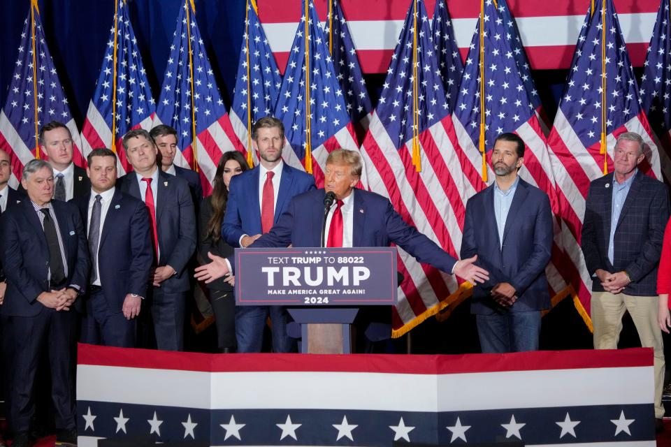 Former President Donald Trump speaks Monday, Jan. 15, 2024, at the Trump caucus night watch party at the Iowa Events Center in Des Moines.