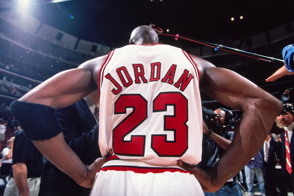 CHICAGO, IL - MAY 19: A close-up view of the jersey of Michael Jordan #23 of the Chicago Bulls during Game Two of the Eastern Conference Finals on May 19, 1998 at the United Center in Chicago, Illinois. NOTE TO USER: User expressly acknowledges and agrees that, by downloading and/or using this photograph, user is consenting to the terms and conditions of the Getty Images License Agreement. Mandatory Copyright Notice: Copyright 1998 NBAE (Photo by Fernando Medina/NBAE via Getty Images)