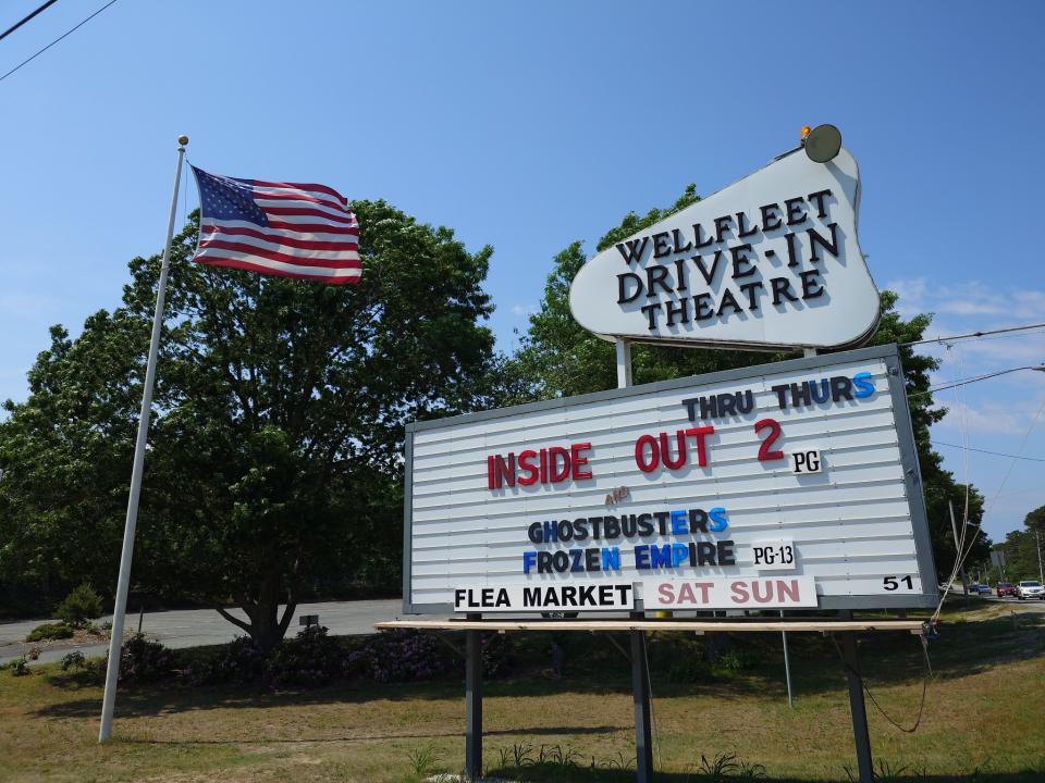 A sign at Wellfleet Drive-In Theatre advertising that Inside Out 2 and Ghostbusters: Frozen Empire is playing.