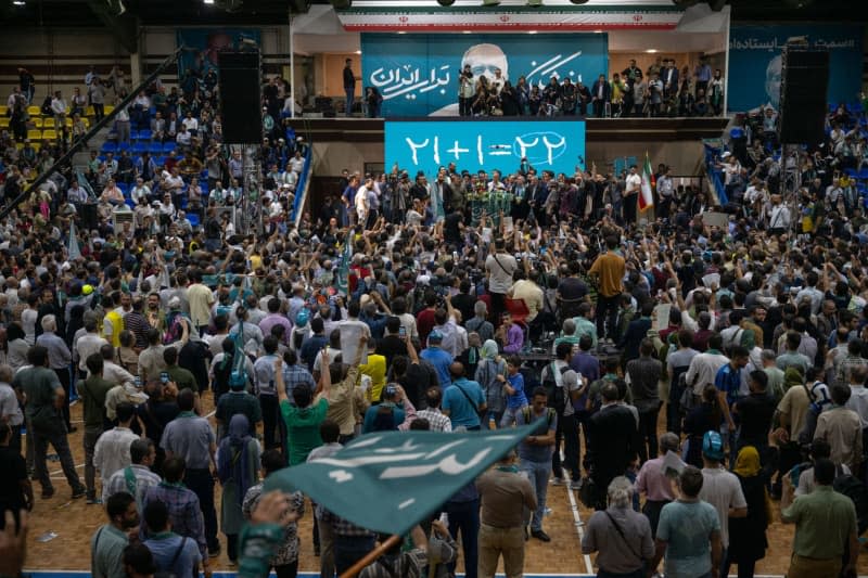 Massud Peseschkian, presidential candidate of the reformist camp, speaks at an election rally in the capital. Iran is holding a new presidential election on 28 June 2024 following the death of President Ebrahim Raisi and seven others in a helicopter crash. Arne Bänsch/dpa