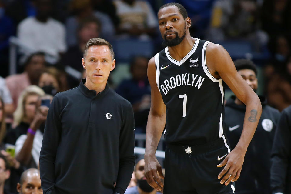 NEW ORLEANS, LOUISIANA - NOVEMBER 12: Kevin Durant #7 of the Brooklyn Nets and head coach Steve Nash talk during a game against the New Orleans Pelicans at the Smoothie King Center on November 12, 2021 in New Orleans, Louisiana. NOTE TO USER: User expressly acknowledges and agrees that, by downloading and or using this Photograph, user is consenting to the terms and conditions of the Getty Images License Agreement. (Photo by Jonathan Bachman/Getty Images)