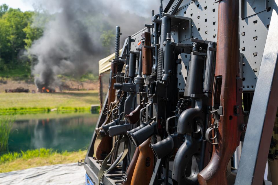 The annual Machine Gun Shoot sponsored by Shooters Gauntlet on June 3, 2023 in Monroe, Pennsylvania, lets members of the public and others shoot machine guns at targets in a controlled and secure wooded location. The two-day event features raffles, workshops, vendors and opportunities to rent and fire a variety of weapons. Spencer Platt, Getty Images