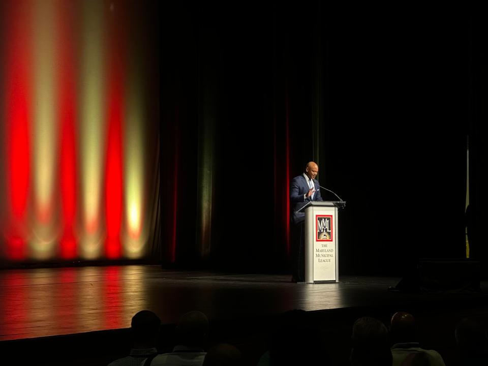 Maryland Governor Wes Moore speaks to a large crowd at the annual Maryland Municipal League (MML) Summer Conference inside the Ocean City, Maryland, Roland E. Powell Convention Center on Monday, June 24, 2024.