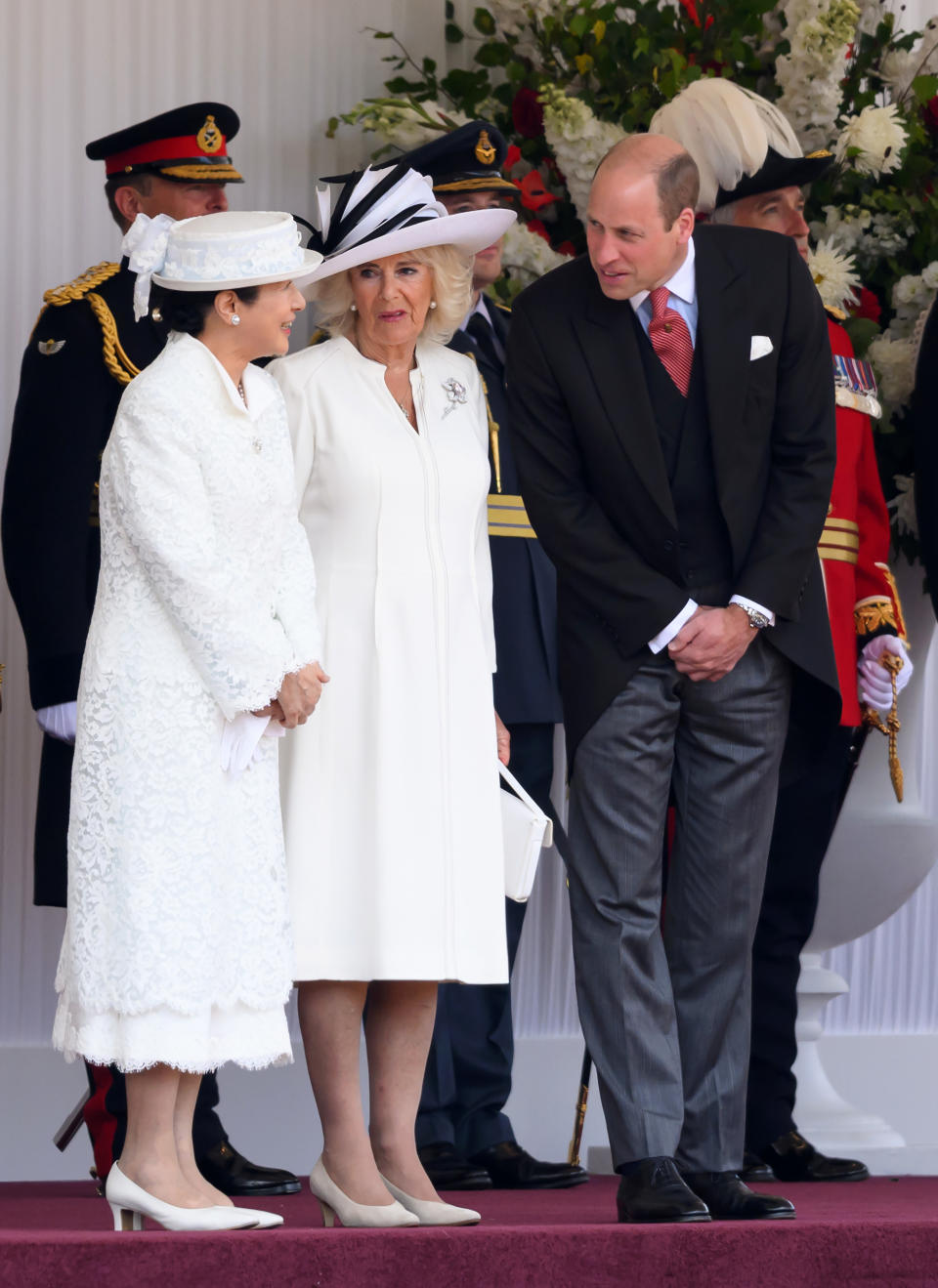 Queen Camilla, suede pumps, London, King Charles III, neutral, tan, Empress Masako, Prince William