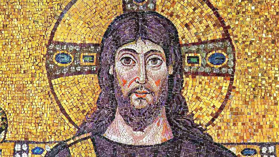 A Byzantine mosaic features Tyrian purple in the robes and hair of Jesus Christ. - CPA Media Pte Ltd/Alamy Stock Photo