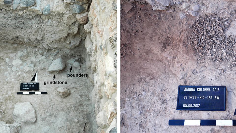 In early Mycenaean buildings at the Kolonna site on Aegina, the researchers also found stone tools (left) and crushed mollusk shells, believed to be used in the dye-making process. - Berger et al.