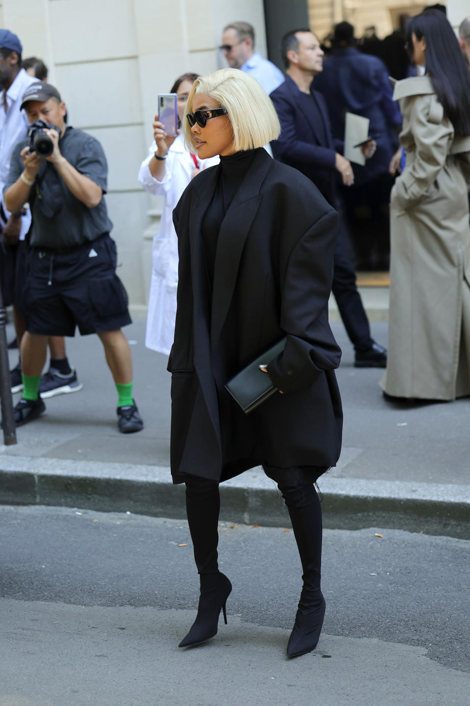 Teyana Taylor, Balenciaga, Haute Couture, sock boots, knee-high, suede, black, blazer, oversized