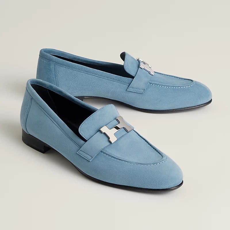 Hermès, loafers, sky blue, preppy, silver, buckle, logo, block heel, casual