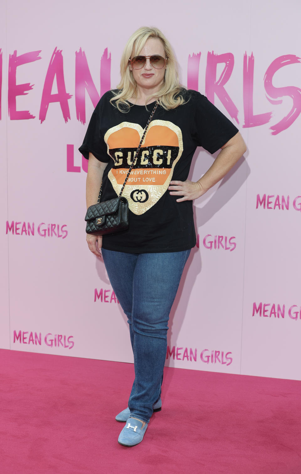 Rebel Wilson, 'Mean Girls: The Musical,' Chanel, Gucci, Hermès, loafers, sky blue, sequin, red carpet, London