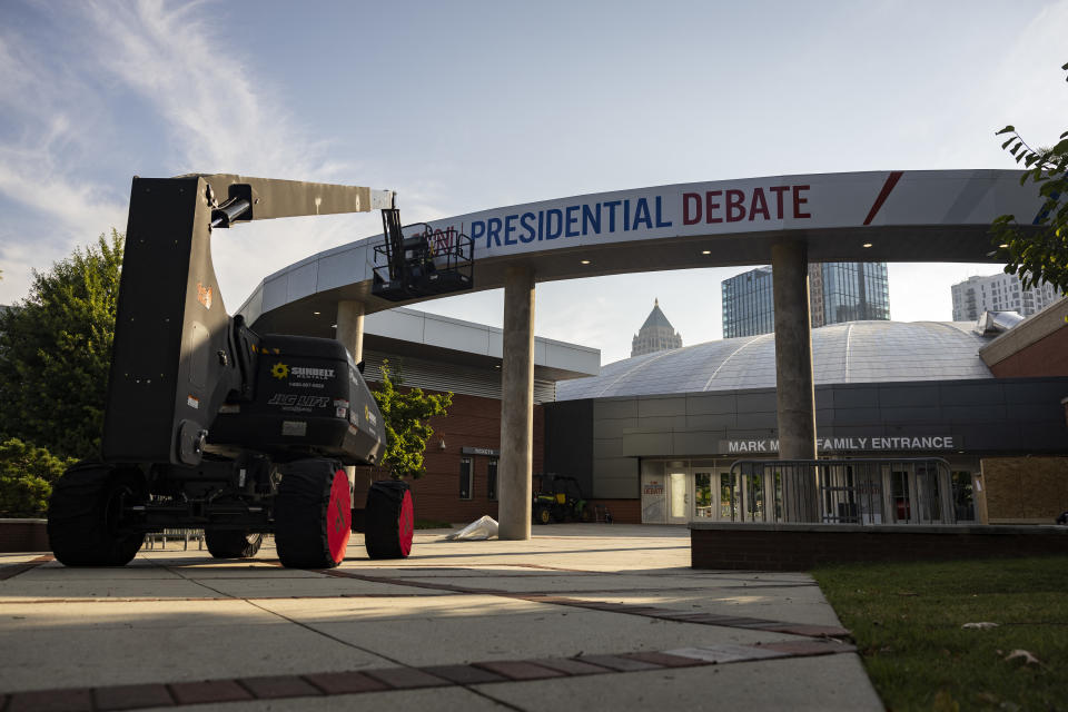 Banners are placed outside of the Georgia Tech Institute of Technology ahead of the first presidential debate in Atlanta, Georgia on June 24, 2024. Two years after the US Supreme Court stripped constitutional protections for abortion, the explosive issue will feature prominently in Thursday's debate between Joe Biden and Donald Trump -- with the Republican under pressure not to alienate voters. (Photo by CHRISTIAN MONTERROSA / AFP) (Photo by CHRISTIAN MONTERROSA/AFP via Getty Images)