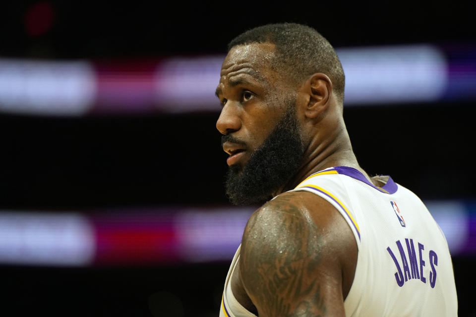 Los Angeles Lakers forward LeBron James (23) during the first half of an NBA basketball game against the Phoenix Suns, Sunday, Feb. 25, 2024, in Phoenix. (AP Photo/Rick Scuteri)