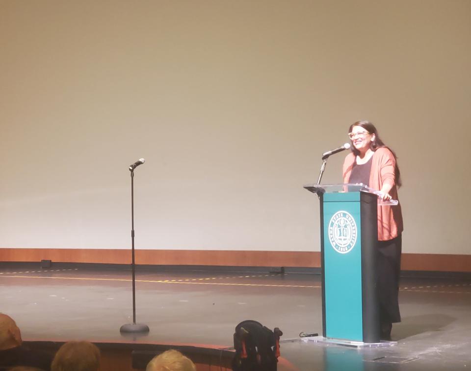 U.S. Rep. Rashida Tlaib (D-Dearborn) speaks at a memorial event for late human rights lawyer Bill Goodman at Wayne State University's Community Arts Auditorium June 29, 2024.