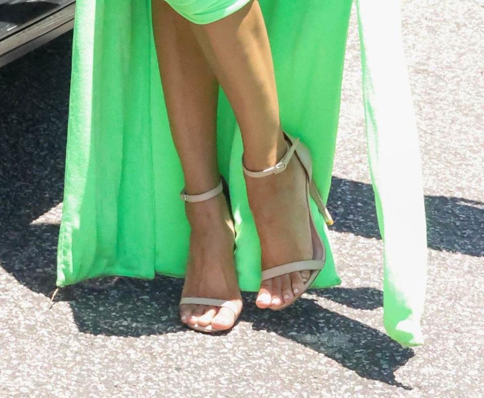 Meagan Good, Cory Hardrict, sandal heels, neon, neutral, classic, BET Awards Media House 