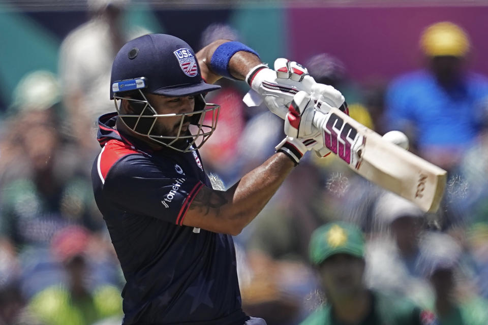 United States' captain Monank Patel plays a shot during the ICC Men's T20 World Cup cricket match between United States and Pakistan at the Grand Prairie Stadium in Grand Prairie, Texas, Thursday, June 6, 2024. (AP Photo/Tony Gutierrez)