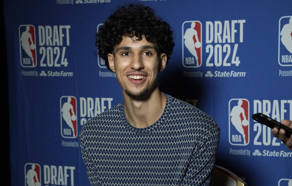 Zaccharie Risacher from France, who played for JL Bourg basketball club, speaks to the press during a press preview for the 78th edition of the NBA's annual draft at the Lotte New York Palace in New York, on June 25, 2024. The draft will be held June 26 and June 27, 2024. (Photo by TIMOTHY A. CLARY / AFP) (Photo by TIMOTHY A. CLARY/AFP via Getty Images)