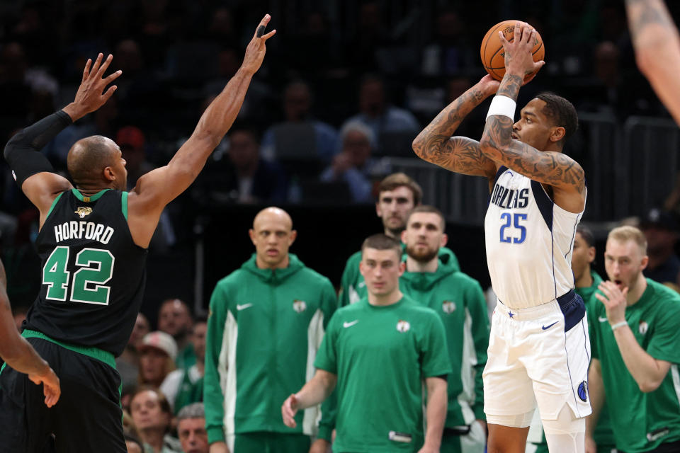 Jun 9, 2024; Boston, Massachusetts, USA; Dallas Mavericks forward P.J. Washington (25) shoots the ball against the Boston Celtics during the third quarter in game two of the 2024 NBA Finals at TD Garden. Mandatory Credit: Peter Casey-USA TODAY Sports