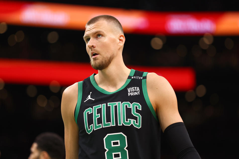 BOSTON, MASSACHUSETTS - JUNE 09: Kristaps Porzingis #8 of the Boston Celtics looks on during the first quarter against the Dallas Mavericks in Game Two of the 2024 NBA Finals at TD Garden on June 09, 2024 in Boston, Massachusetts. NOTE TO USER: User expressly acknowledges and agrees that, by downloading and or using this photograph, User is consenting to the terms and conditions of the Getty Images License Agreement. (Photo by Maddie Meyer/Getty Images)
