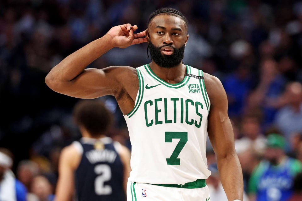 Jun 12, 2024; Dallas, Texas, USA; Boston Celtics guard Jaylen Brown (7) reacts to the crowd during the fourth quarter during game three of the 2024 NBA Finals against the Dallas Mavericks at American Airlines Center. Mandatory Credit: Kevin Jairaj-USA TODAY Sports