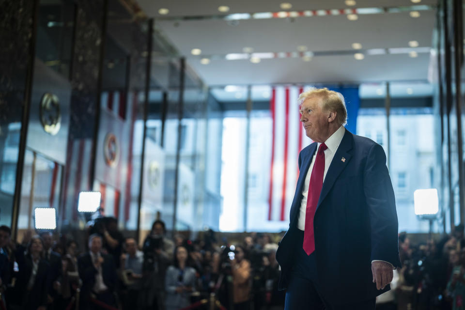 New York, NY - May 31 : Former President Donald Trump walks off after speaking at a news conference from the lobby of Trump Tower the day after being found guilty on 34 felony counts of falsifying business records in the first degree at Manhattan Criminal Court, in New York, NY on Friday, May 31, 2024. Trump became the first former president to be convicted of felony crimes as a New York jury found him guilty of 34 felony counts of falsifying business records in a scheme to illegally influence the 2016 election through hush money payments to a porn actor who said the two had sex. (Photo by Jabin Botsford/The Washington Post via Getty Images)