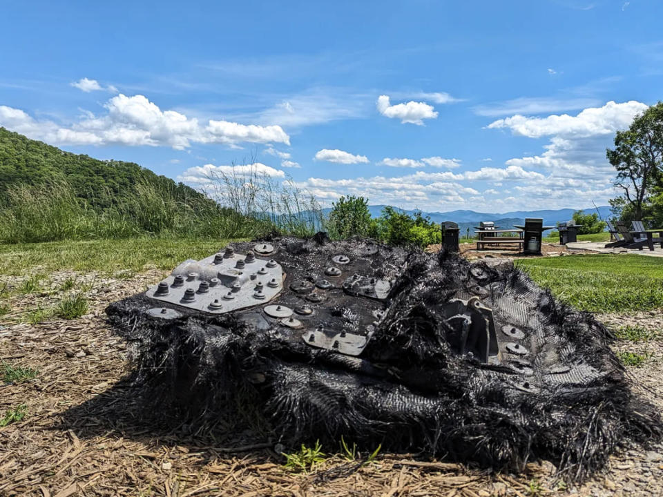 The charred slab of debris that came from a SpaceX capsule (The Glamping Collective)