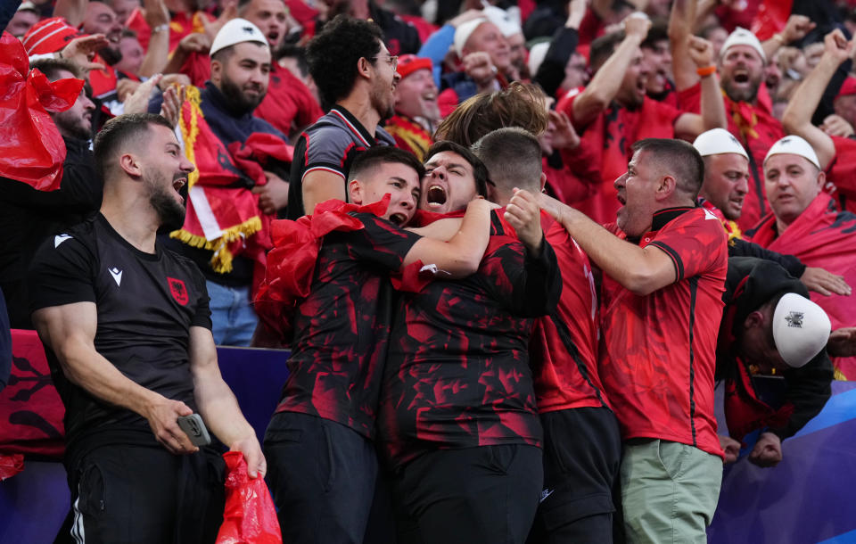 DORTMUND, GERMANY - JUNE 15: Albania fans celebrate after Nedim Bajrami of Albania (not pictured) scores his team's first goal  during the UEFA EURO 2024 group stage match between Italy and Albania at Football Stadium Dortmund on June 15, 2024 in Dortmund, Germany. (Photo by Angel Martinez - UEFA/UEFA via Getty Images)