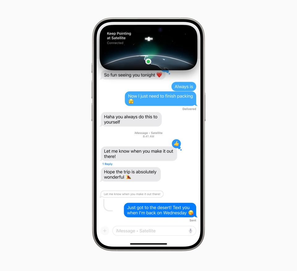 Apple's Messages via satellite will let you send texts to friends and family even when you're off the grid. (Image: Apple)