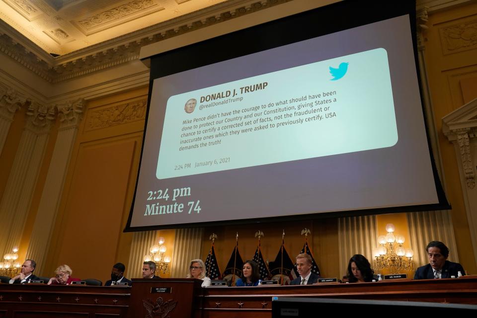 A Tweet by former President Trump about former Vice President Mike Pence is displayed during a public hearing before the House select committee to investigate the January 6 attack on the United States Capitol held on July 21, 2022.