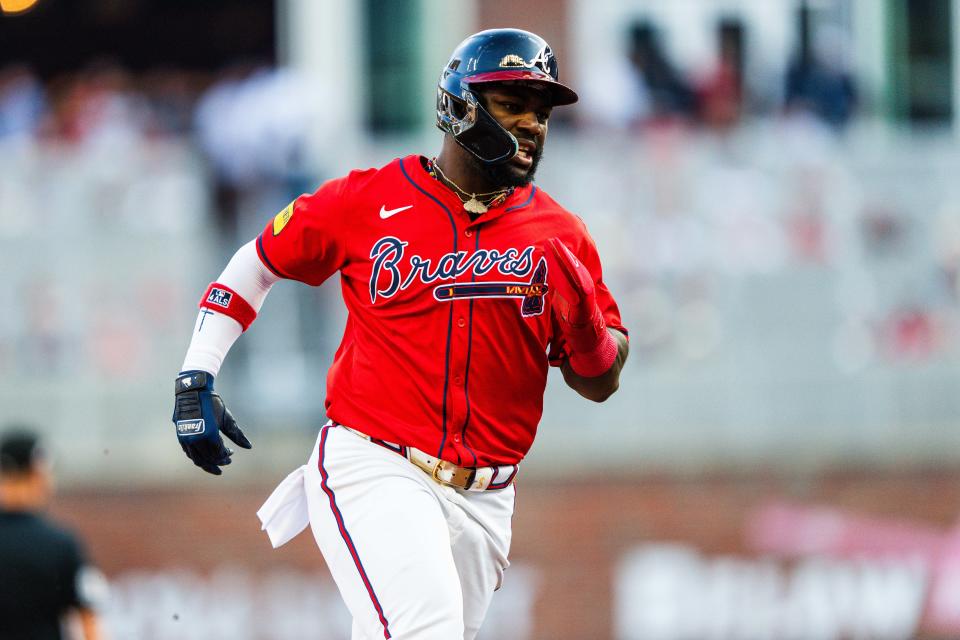 ATLANTA, GA - JUNE 14: Michael Harris II #23 of the Atlanta Braves runs to third base in the first inning against the Tampa Bay Rays at Truist Park on June 14, 2024 in Atlanta, Georgia. (Photo by Matthew Grimes Jr./Atlanta Braves/Getty Images)